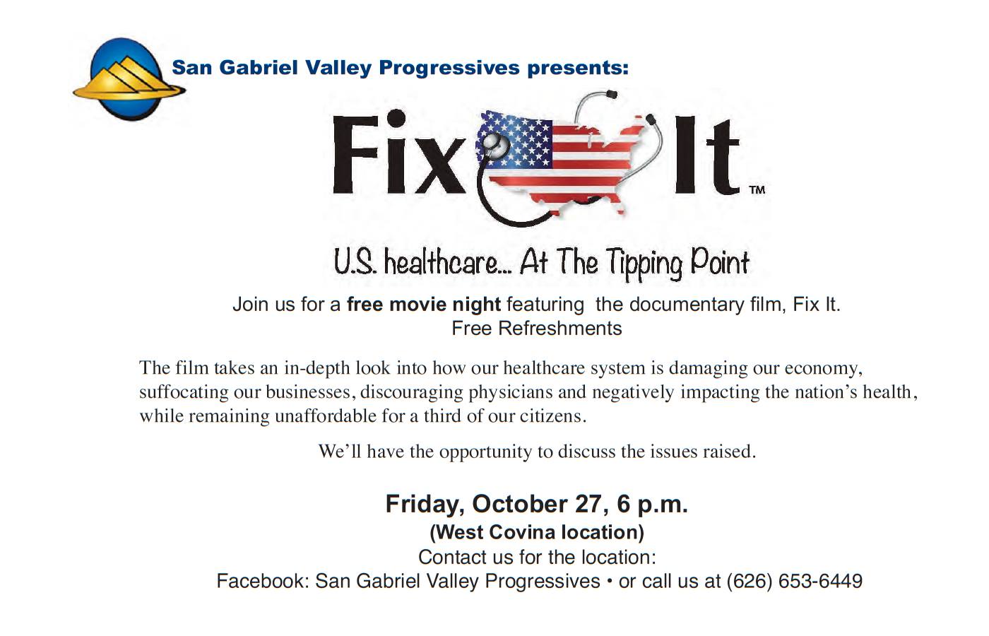 San Gabriel Valley Progressives screening of ‘Fix It: Healthcare at the Tipping Point’